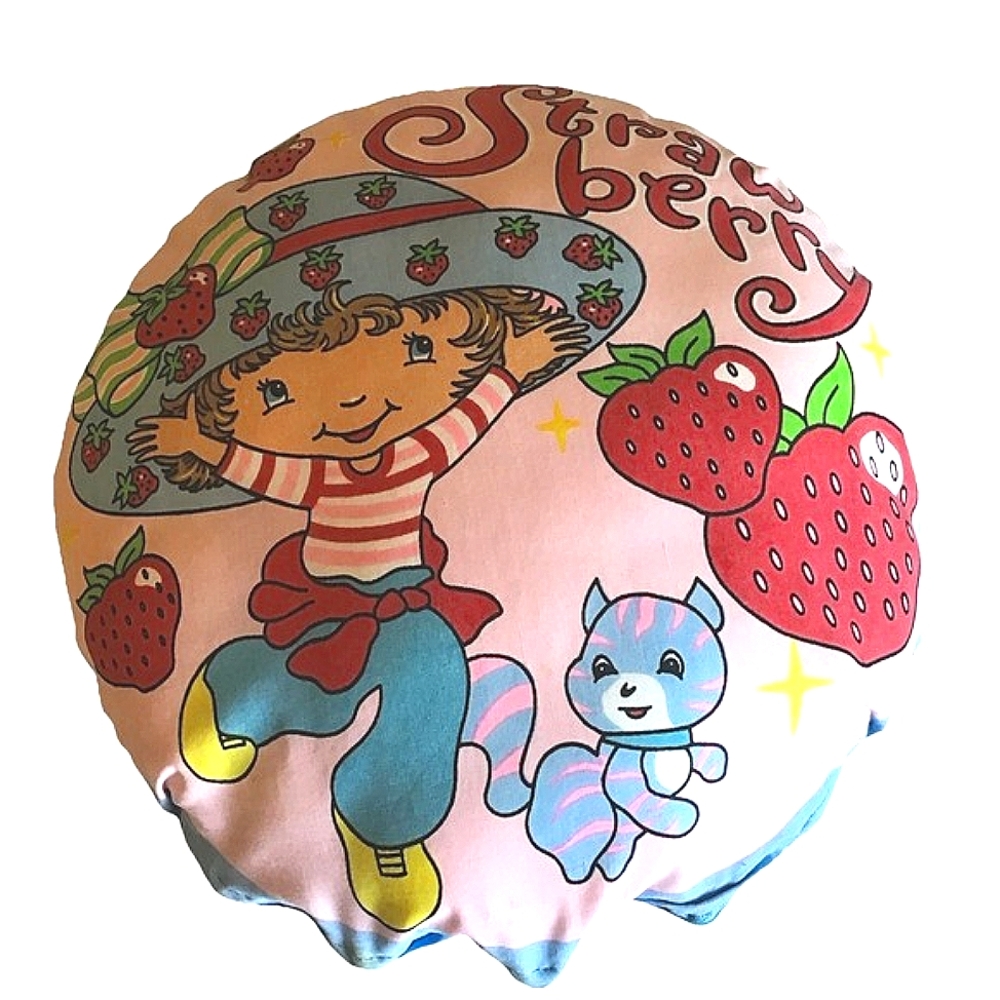 VNTG Strawberry Shortcake 12" Round Handmade Throw Pillow Red Blue Pink Plush